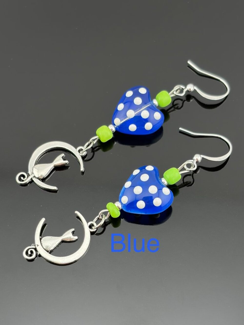 Cat On Moon Polka Dot BLUE Heart Glass Bead Handmade Earrings LR242